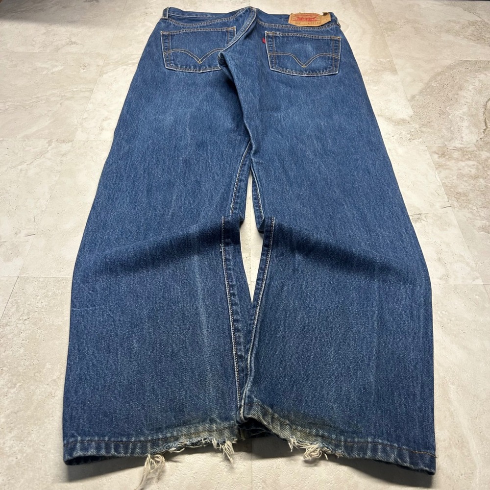 Levi's 501 Straight Leg Blue Jeans Mens W33 L34 Distressed Medium Wash Denim